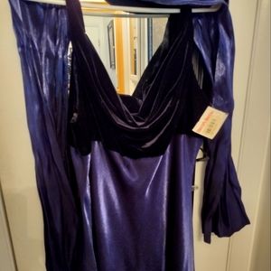 Purple satin and black velvet long dress with matching shawl